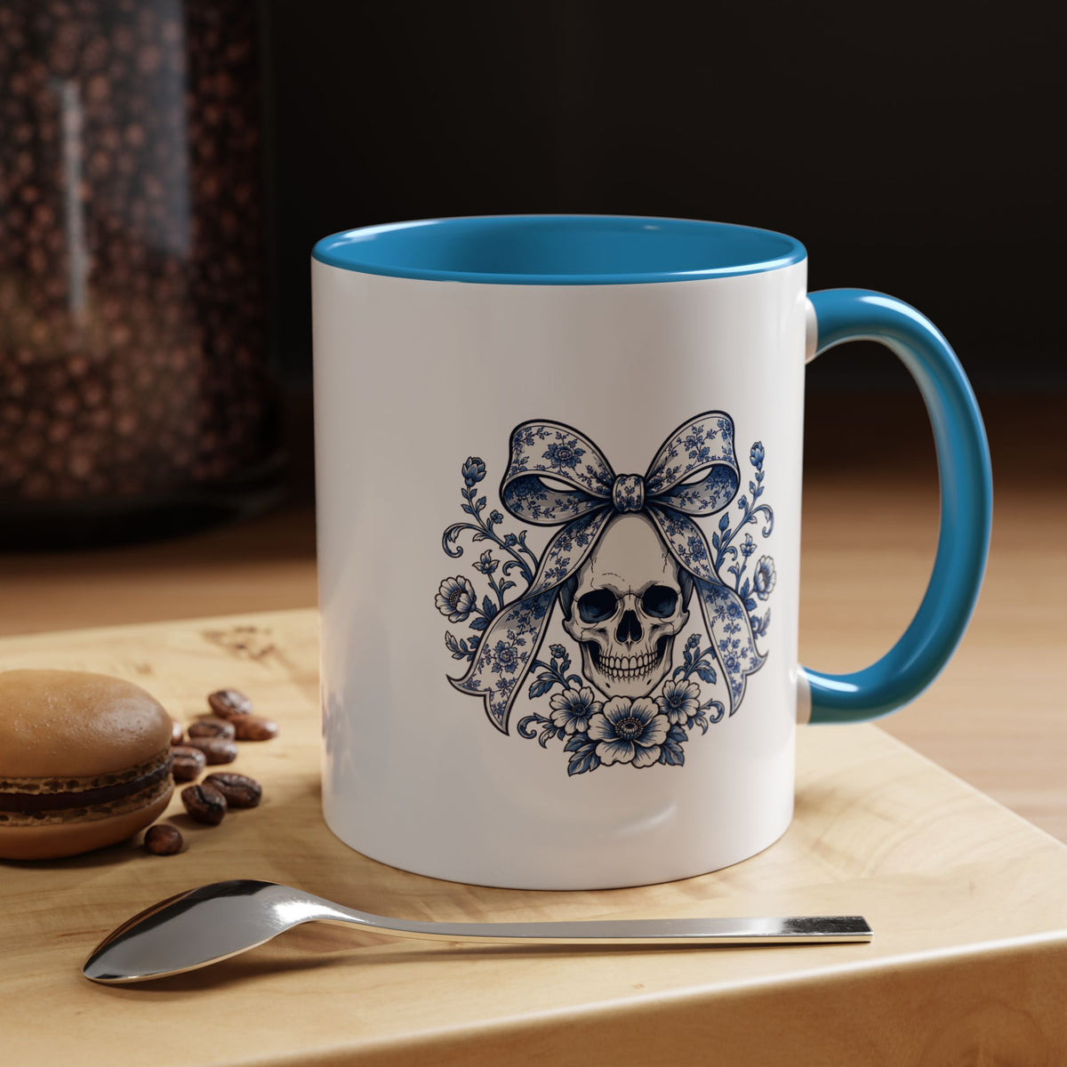 Blue Floral Skull Mug, Gothic Coquette Bow Coffee Cup, Alternative Halloween Gift for Her, Dark Academia Kitchen Decor, Spooky Present