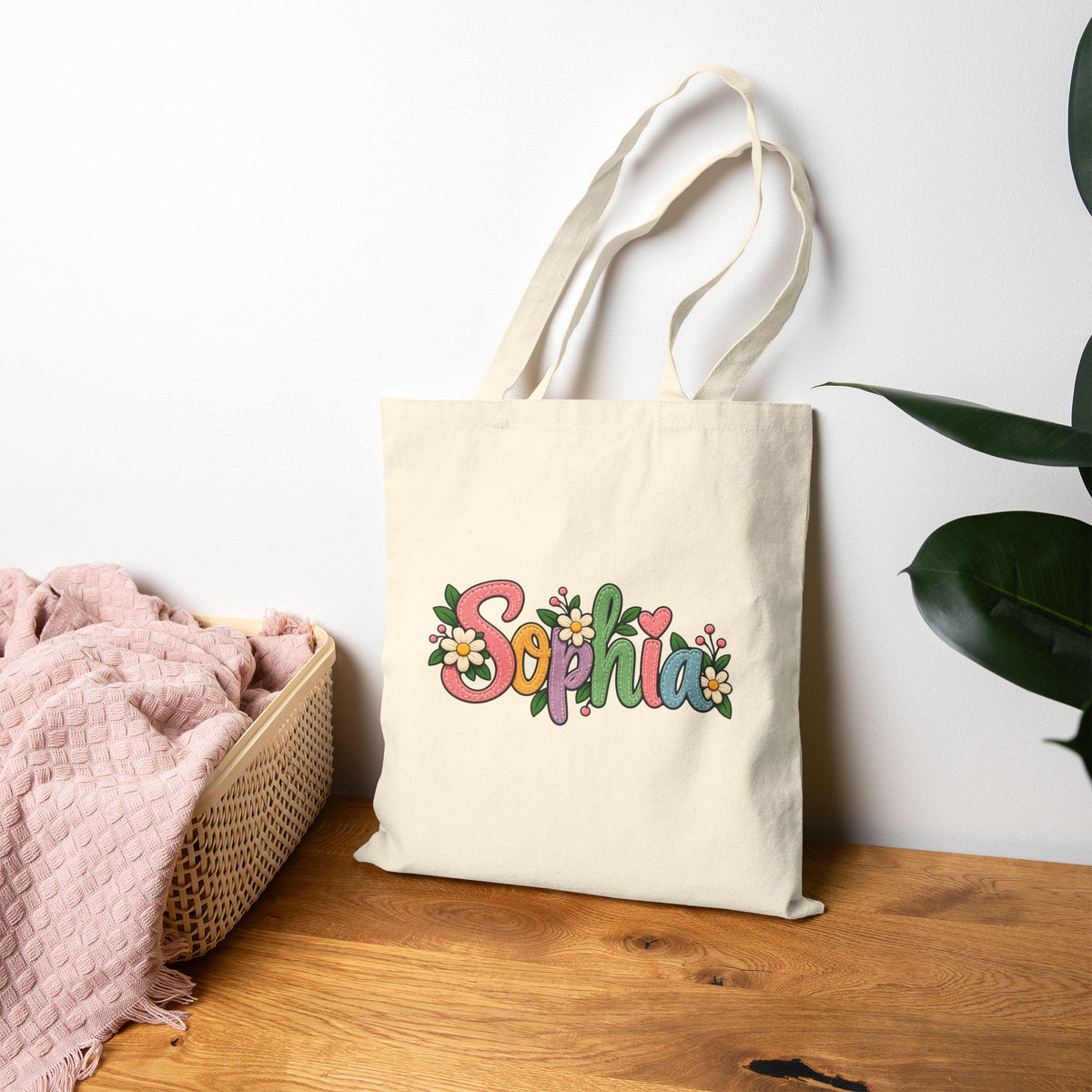 Personalized Name Tote Bag, Natural Cotton Canvas 15x16, Pastel Floral Lettering, Daisy Heart Custom Shopper