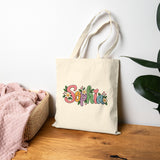 Personalized Name Tote Bag, Natural Cotton Canvas 15x16, Pastel Floral Lettering, Daisy Heart Custom Shopper