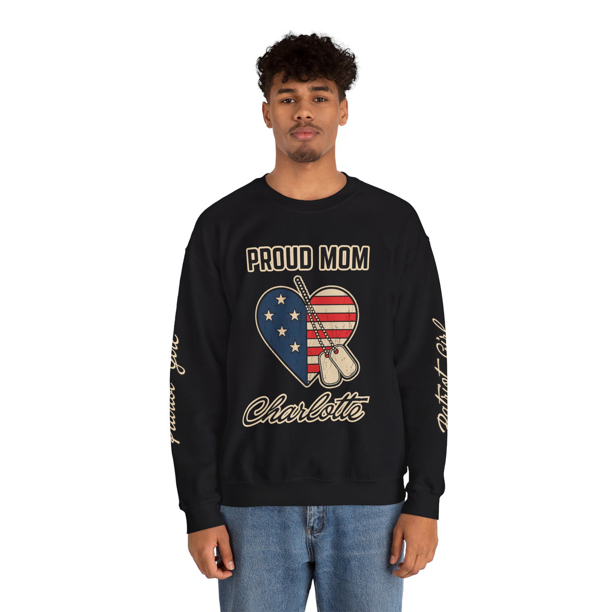Personalized Proud Mom Sweatshirt, Custom Military Mom Pullover, American Flag Heart Crewneck, Military Mom Gift, Patriotic Mother Shirt