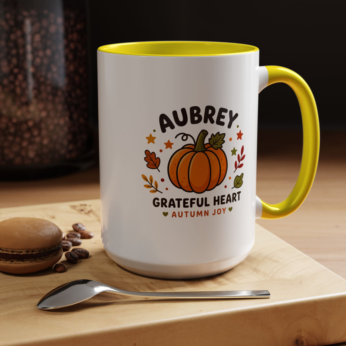 Personalized Pumpkin Name Mug, Custom Aubrey Fall Coffee Cup, Grateful Heart Autumn Gift for Her, Thanksgiving Birthday Keepsake Gift