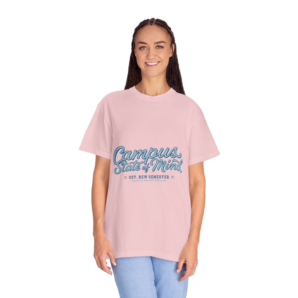 A woman wearing a pink T-shirt printed with Campus State of Mind in blue script and Est. New Semester.