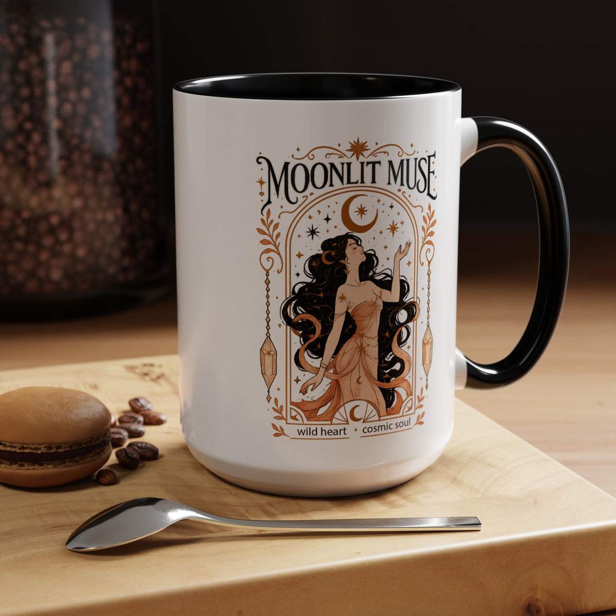 Moonlit Muse Coffee Mug, Celestial Goddess Art Mug, Mystic Moon Aesthetic Cup, Boho Spiritual Gift for Women, Cosmic Soul Coffee Mug
