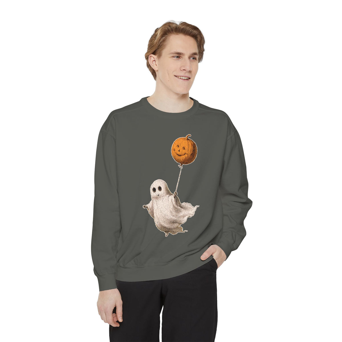 Cute Ghost Halloween Sweatshirt, Pumpkin Balloon Pullover, Vintage Spooky Season Gift for Women, Cozy October Fall Outfit for Ghost Loversv