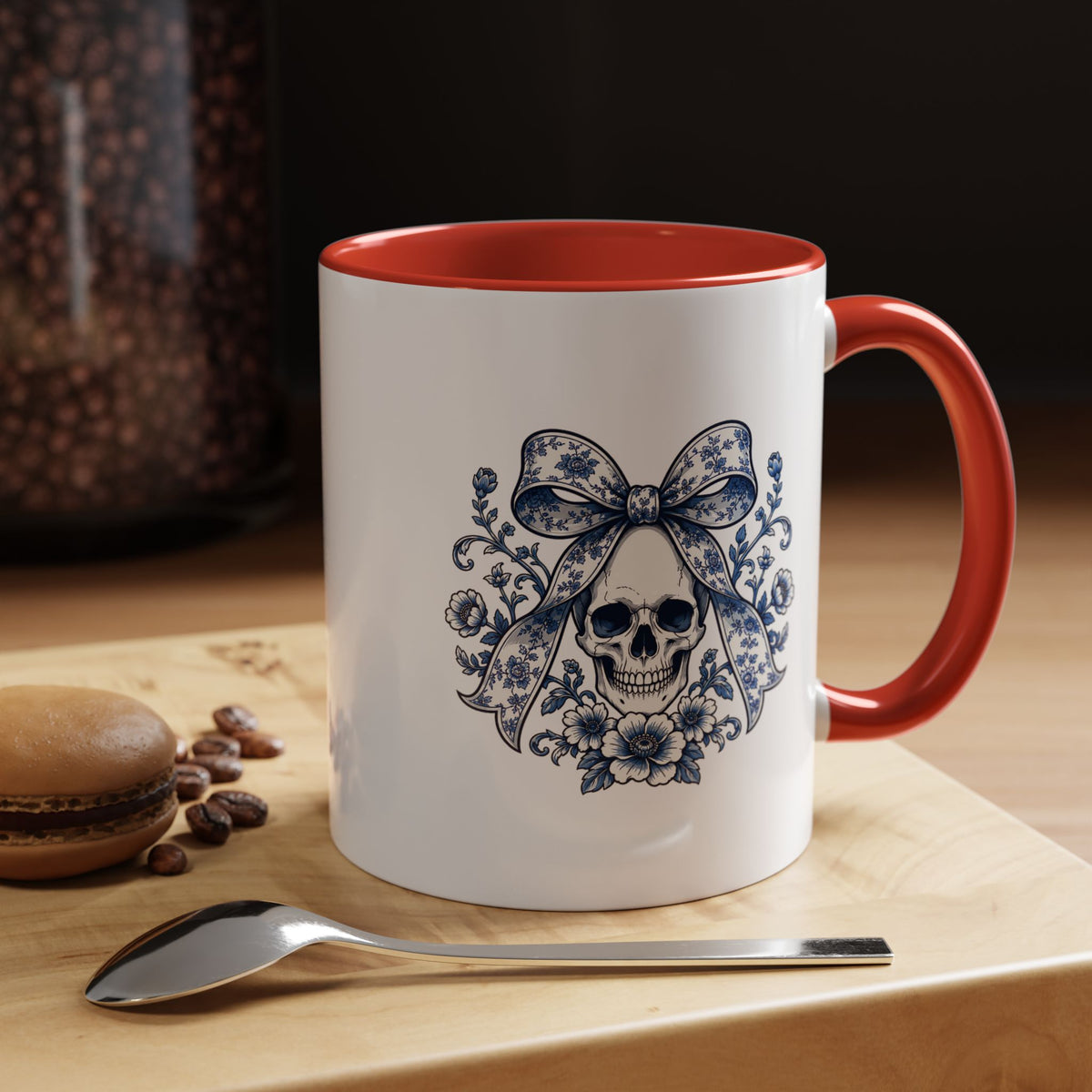 Blue Floral Skull Mug, Gothic Coquette Bow Coffee Cup, Alternative Halloween Gift for Her, Dark Academia Kitchen Decor, Spooky Present