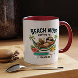 Beach Mode Sloth Coffee Mug, Funny Summer Vacation Gift for Sloth Lovers, Cute Tropical Hammock Ceramic Tea Cup with Blue Handle