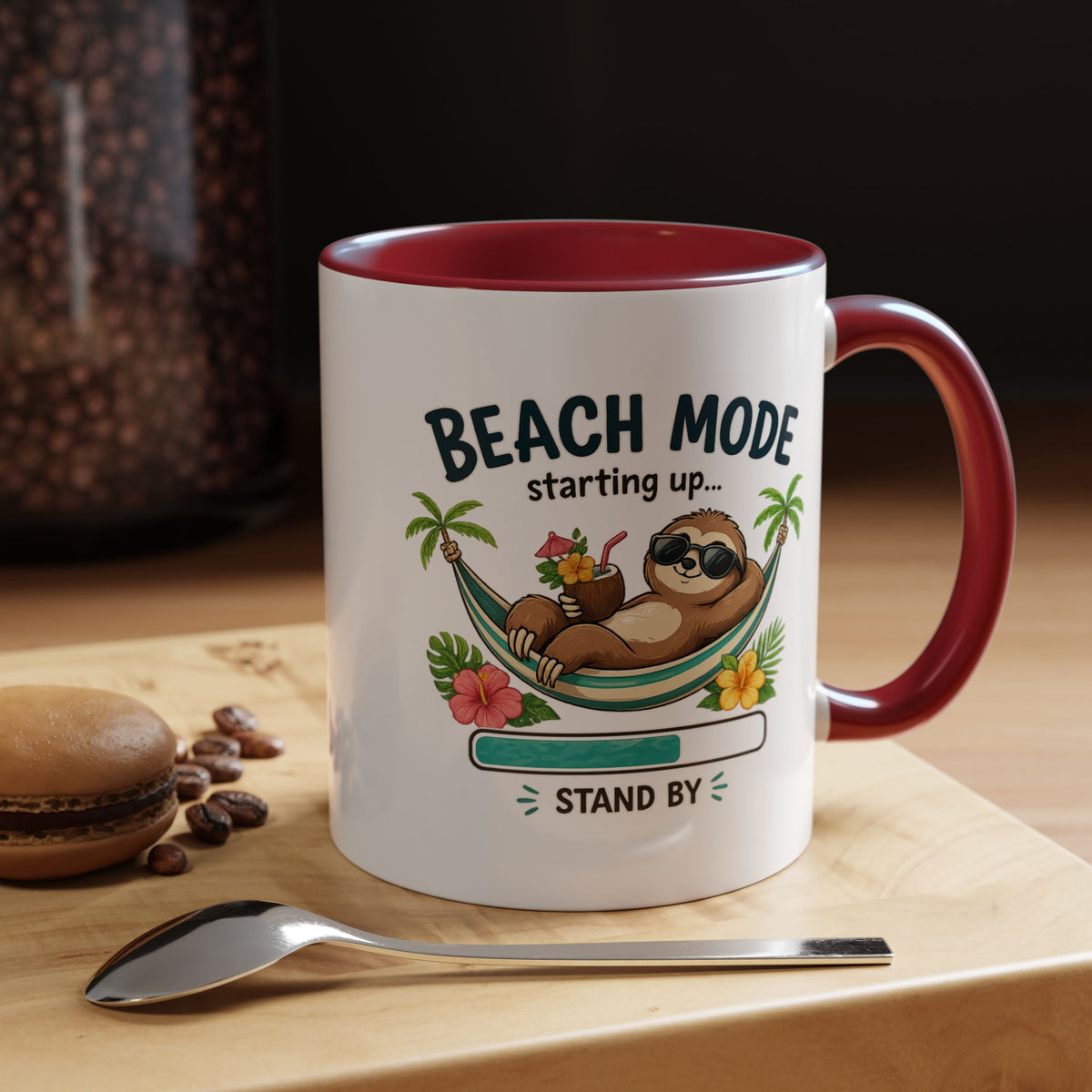 Beach Mode Sloth Coffee Mug, Funny Summer Vacation Gift for Sloth Lovers, Cute Tropical Hammock Ceramic Tea Cup with Blue Handle