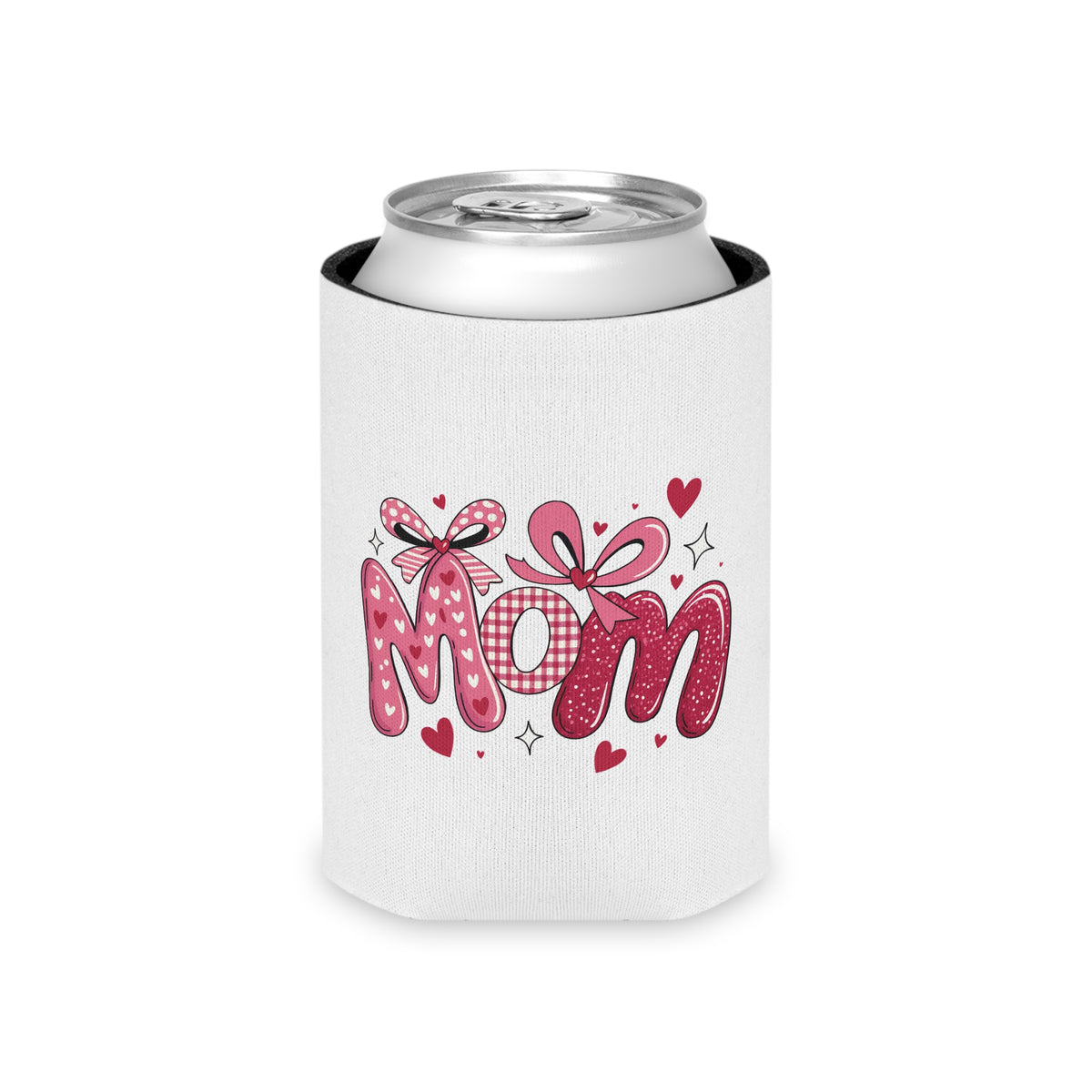Mom Can Cooler, Mother's Day Drink Holder, Pink Bow Beverage Sleeve, Mom Gift for Her, Cute Beer Can Cozy, Floral Heart Drinkware