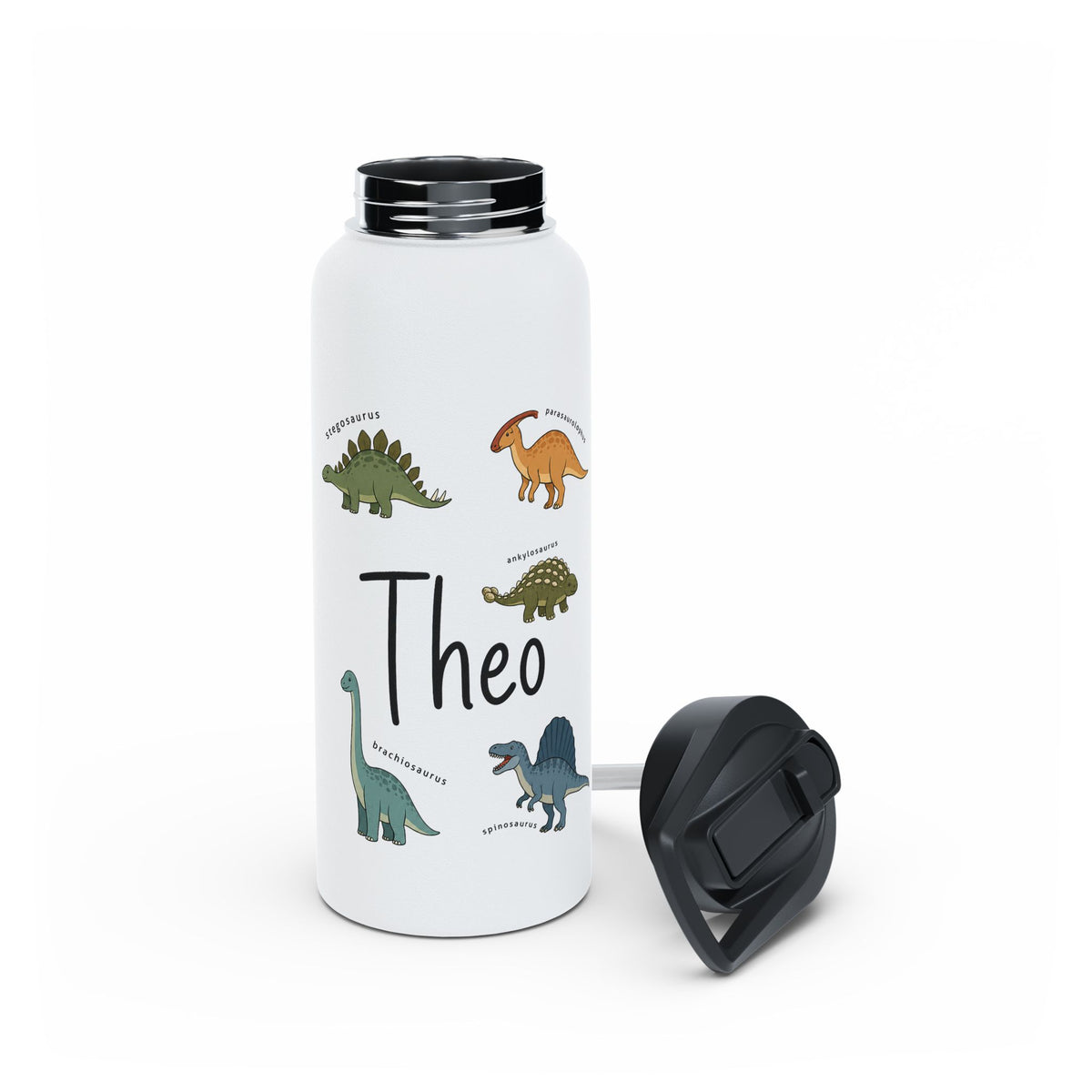 Personalized Dinosaur Water Bottle for Kids, Custom Name School Water Bottle, Dino Lover Gift, Insulated Sports Bottle for Boys