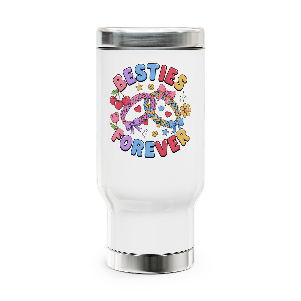 Besties Forever Travel Mug with Handle, Colorful Friendship Cup, Cute Best Friend Gift for Coffee Lovers and Daily Commutes