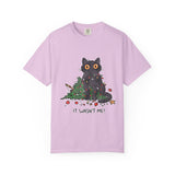 It Wasn't Me Black Cat Christmas Shirt, Funny Holiday T-Shirt, Mischievous Kitty Lights Tee, Gift for Cat Mom, Cat Dad, Christmas Party Top