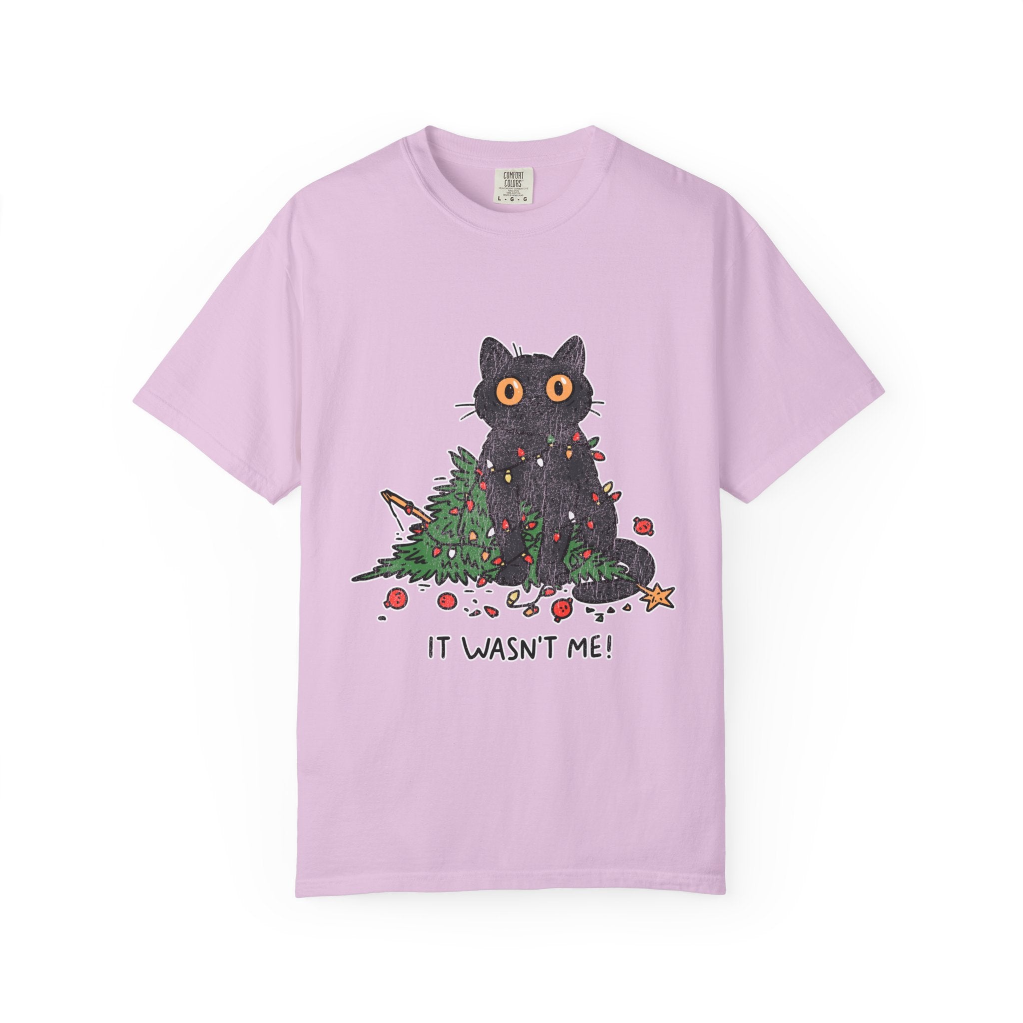 It Wasn't Me Black Cat Christmas Shirt, Funny Holiday T-Shirt, Mischievous Kitty Lights Tee, Gift for Cat Mom, Cat Dad, Christmas Party Top