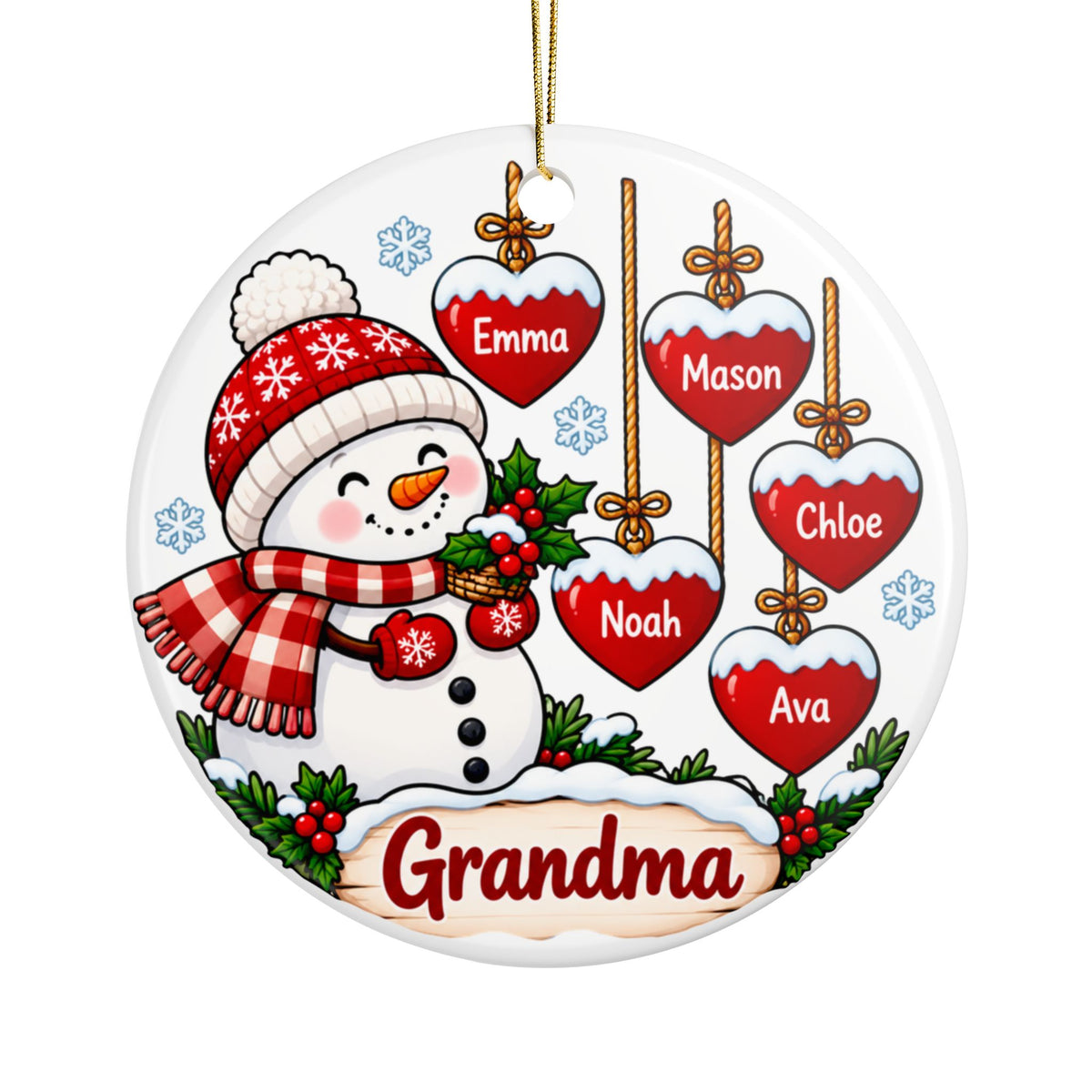 Personalized Grandma Christmas Ornament, Snowman with Grandkids Names on Red Hearts, Custom Family Keepsake Gift from Grandchildren for Nana