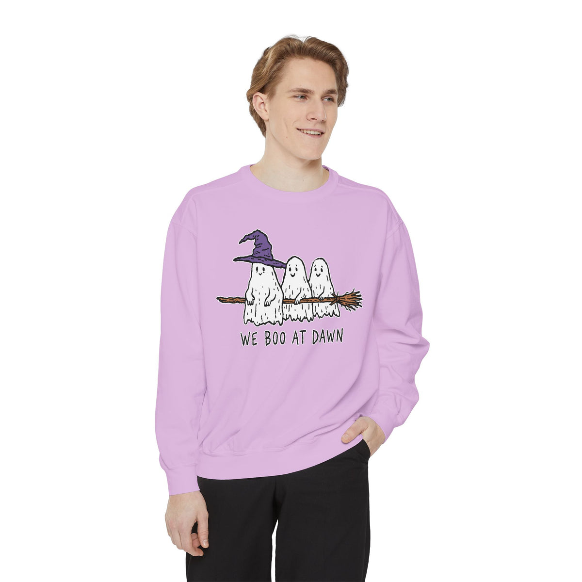 We Boo at Dawn Ghost Sweatshirt, Funny Halloween Witch Broom Pullover, Cute Spooky Season Gift for Friends and Ghost Lovers, October Outfit