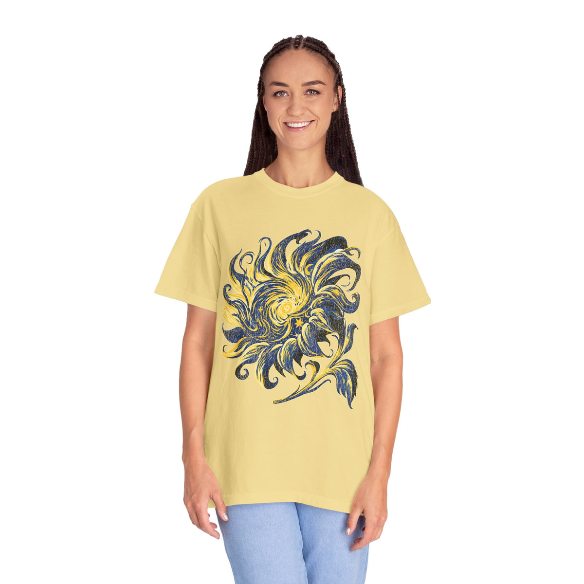 Celestial Sun Graphic Shirt, Blue and Gold Cosmic T-Shirt, Mystical Night Sky Tee, Astrology Gift for Stargazers and Dreamers, Gift Idea