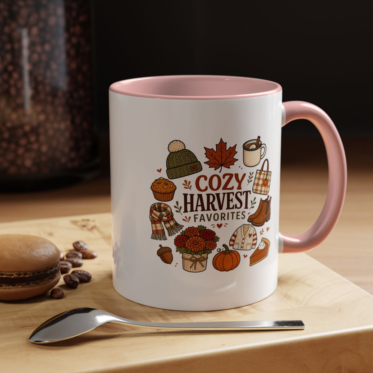 Cozy Harvest Coffee Mug, Cute Autumn Favorites Cup, Fall Gift for Her, Pumpkin Spice Lover Birthday Present, Thanksgiving Kitchen Decor