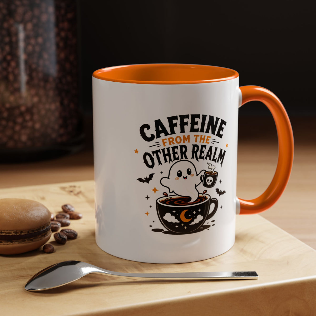 Halloween Ghost Coffee Mug, Caffeine From the Other Realm Black Accent Cup, Funny Spooky Gift for Coffee Lover, Barista or Coworker