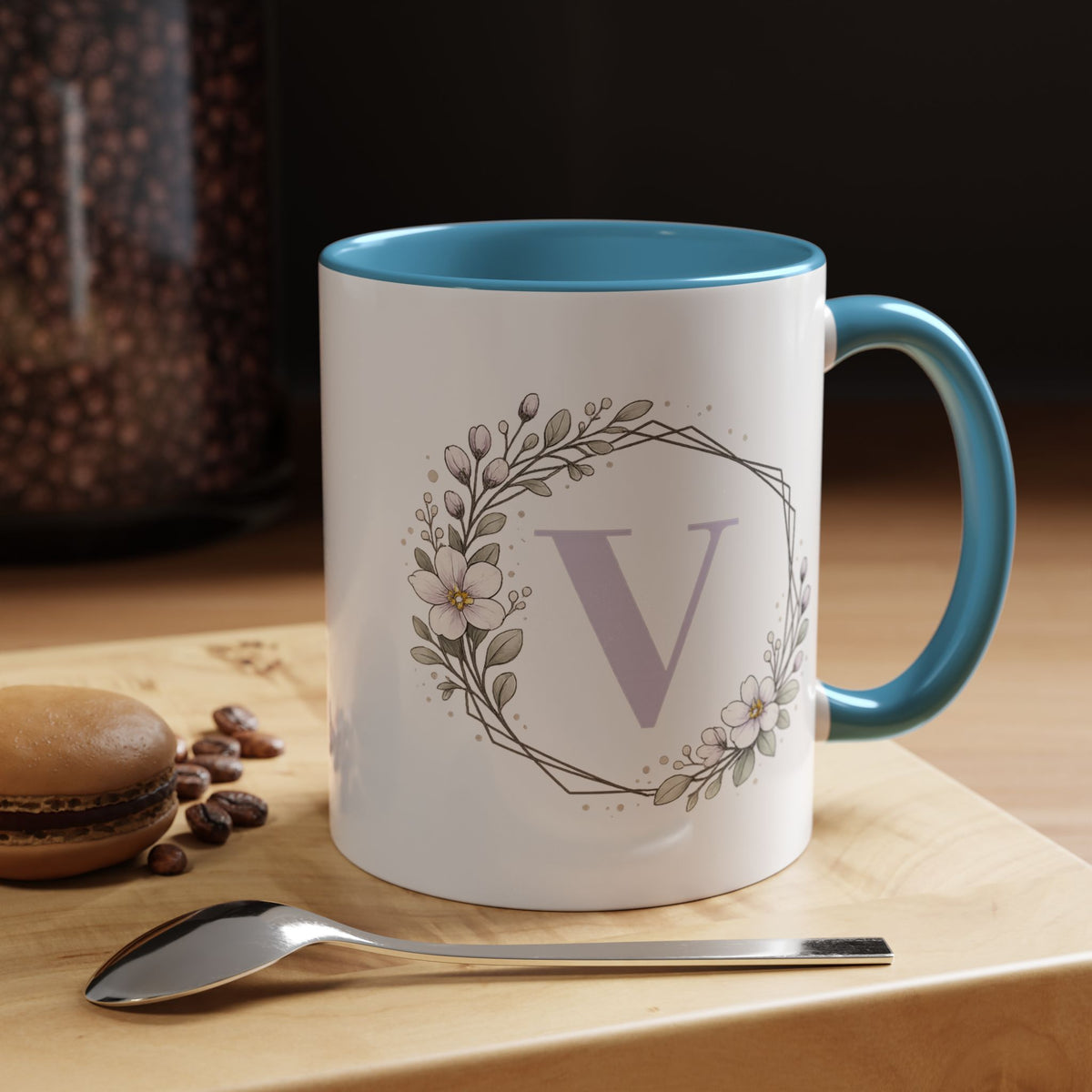 Letter V Monogram Mug, Floral Initial Coffee Mug for Women, Botanical Alphabet Cup, Minimalist Monogram Gift, Personalized Letter Mug