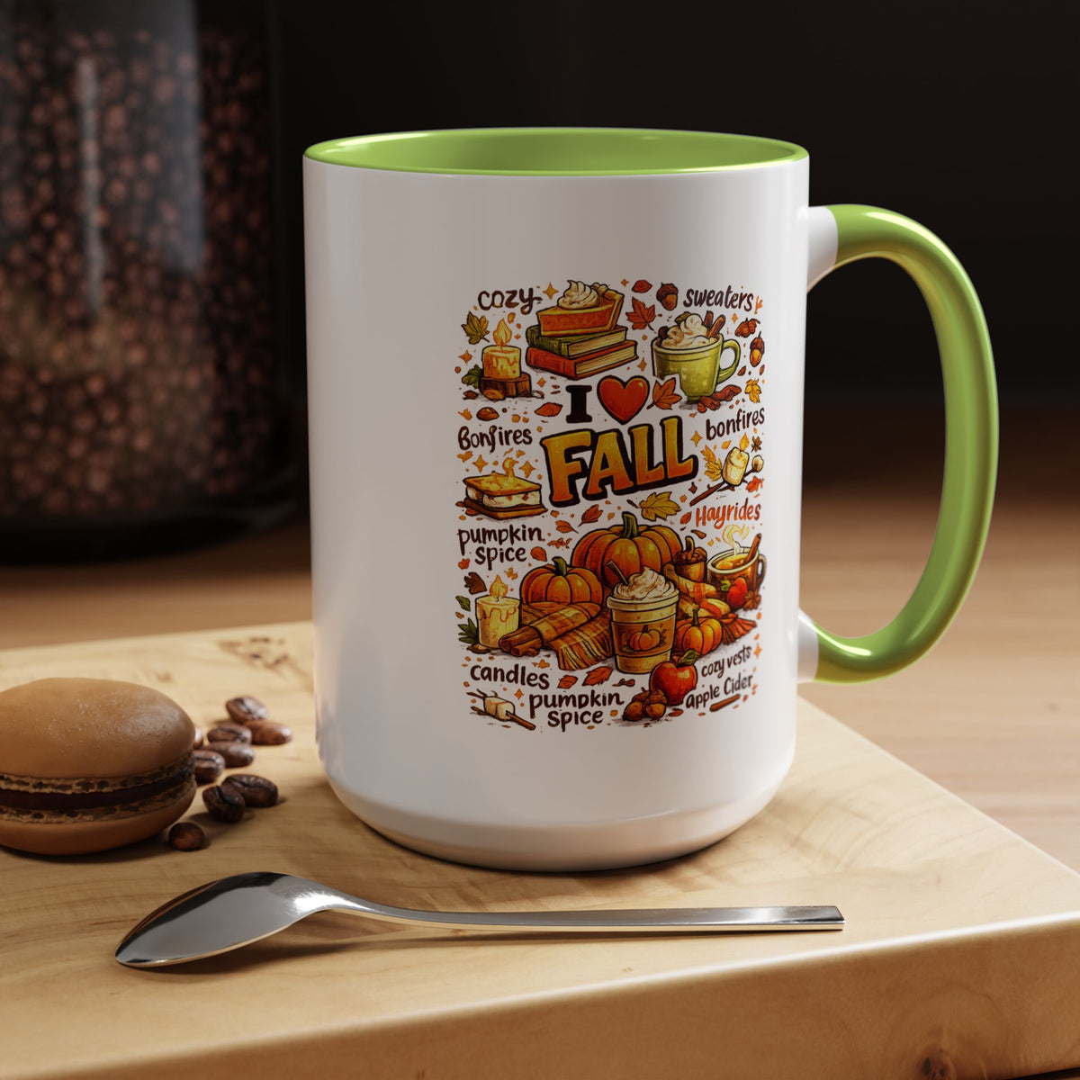 I Love Fall Coffee Mug, Cozy Autumn Pumpkin Spice Cup, Gift for Fall Lover, Book Reader, Teacher or Mom, Thanksgiving Kitchen Decor