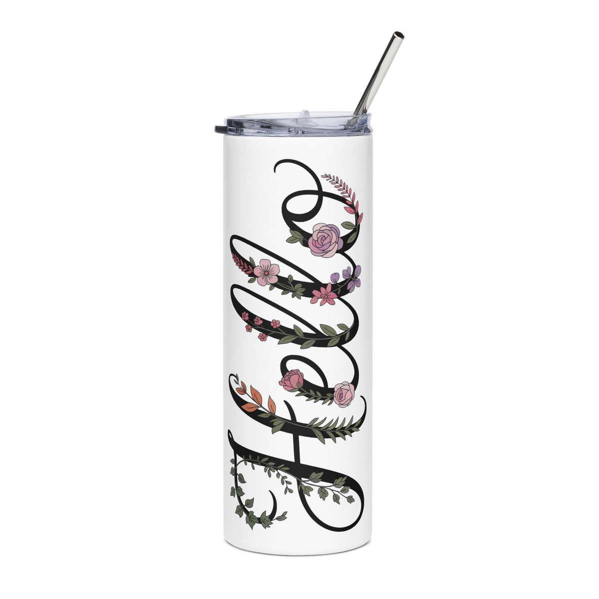 Floral Script Skinny Tumbler, Elegant Flower Drink Cup, Feminine Botanical Tumbler, Gift for Her, Birthday Gift, Teacher Gift, Coffee Cup
