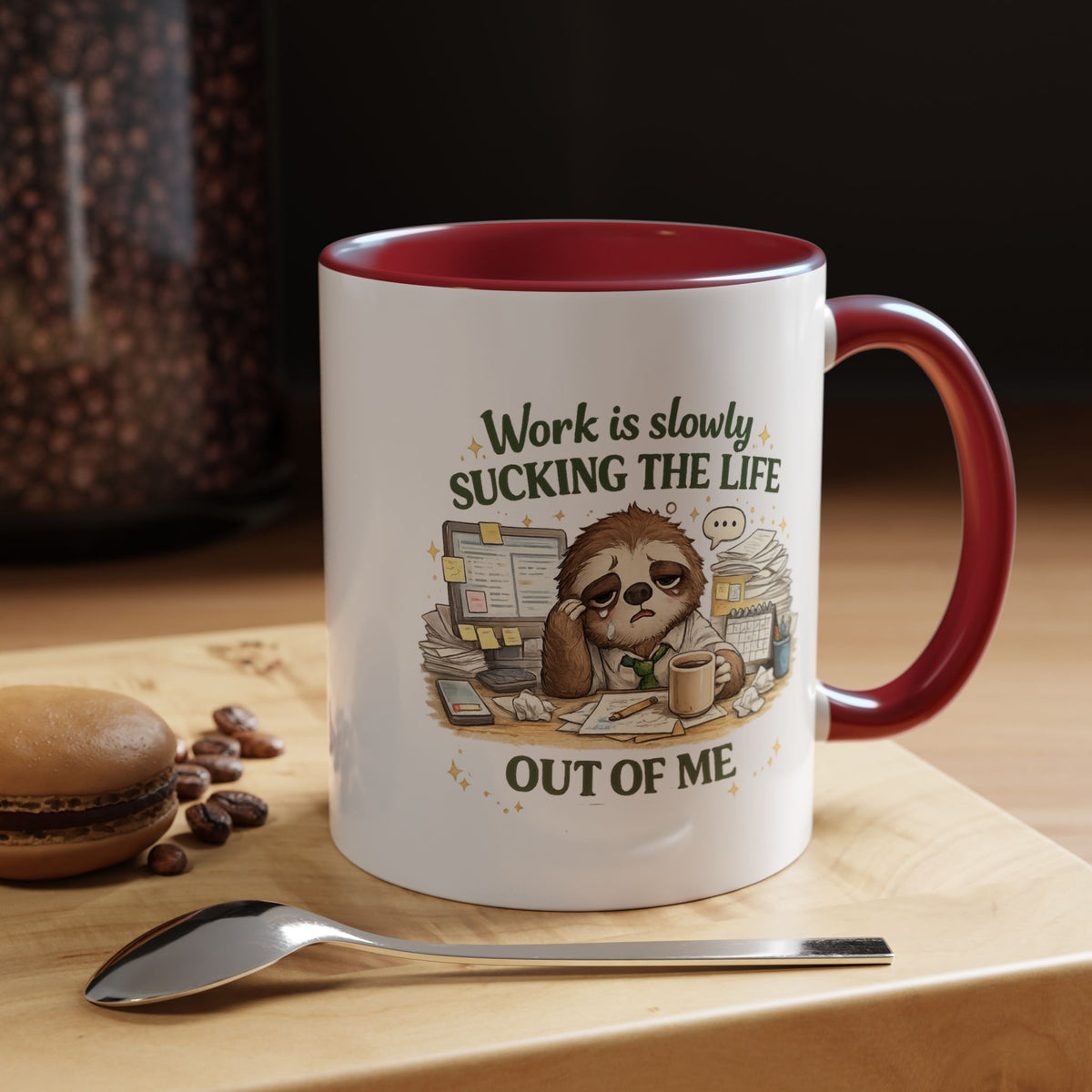 Work Is Slowly Sucking The Life Out Of Me Coffee Mug, Funny Sloth Office Joke Gift for Coworkers, Sarcastic Ceramic Tea Cup with Black Handle