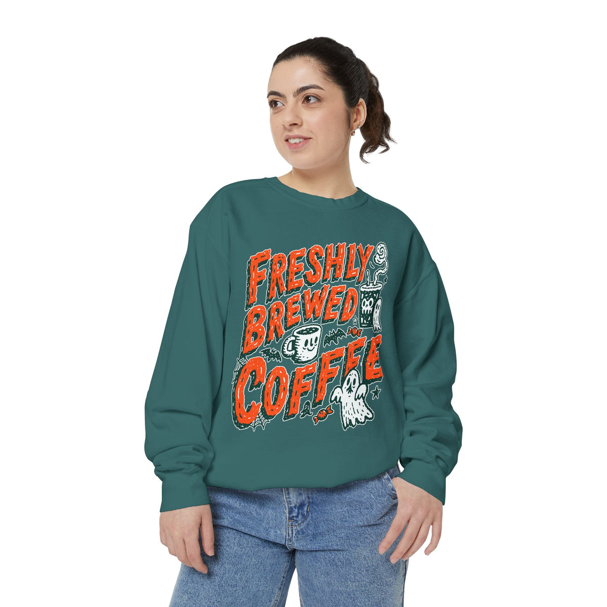 Coffee Lover Halloween Sweatshirt, Freshly Brewed Coffee Ghost Pullover, Cute Spooky Season Gift for Barista and Caffeine Fan, Gift for Her