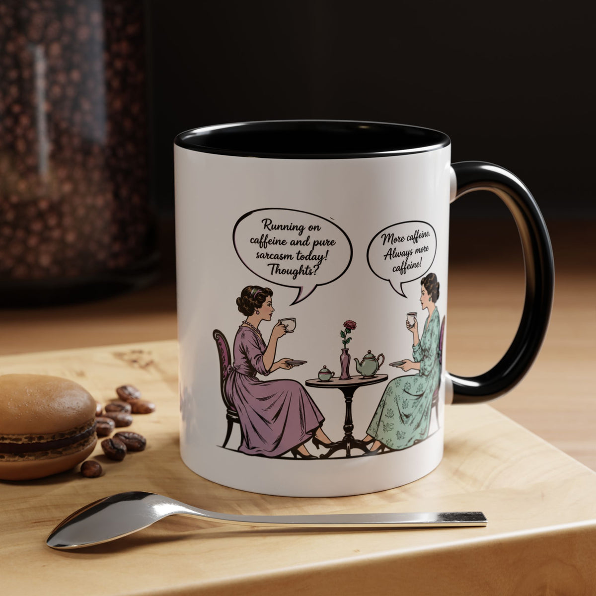 Funny Coffee Lovers Mug, Running on Caffeine and Pure Sarcasm Mug, Vintage Tea Party Coffee Cup, Best Friend Coffee Gift