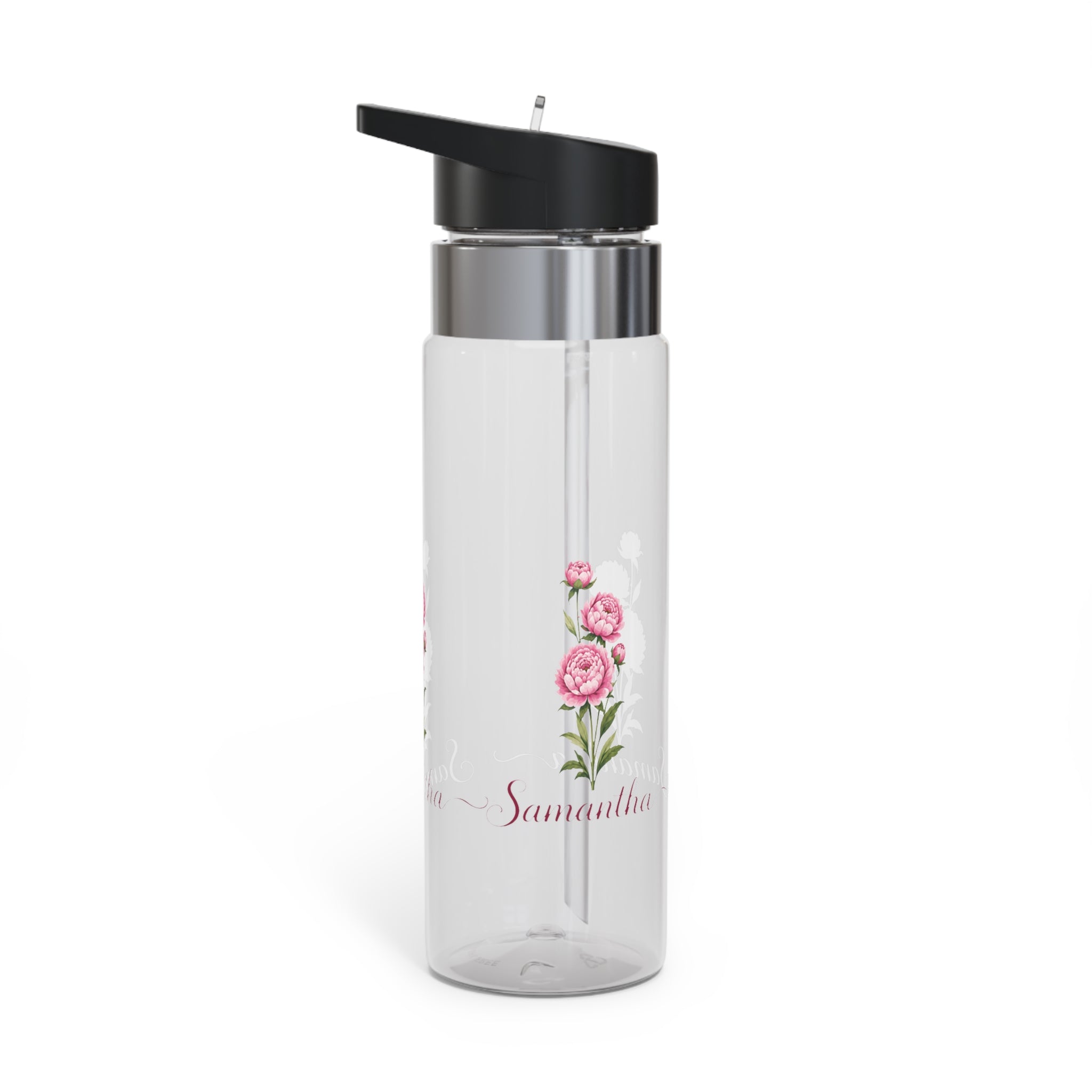 Personalized Floral Transparent Water Bottle, Peony Flower Gift for Her, Custom Name Drinkware, Girly Water Bottle for Work, Gym or School