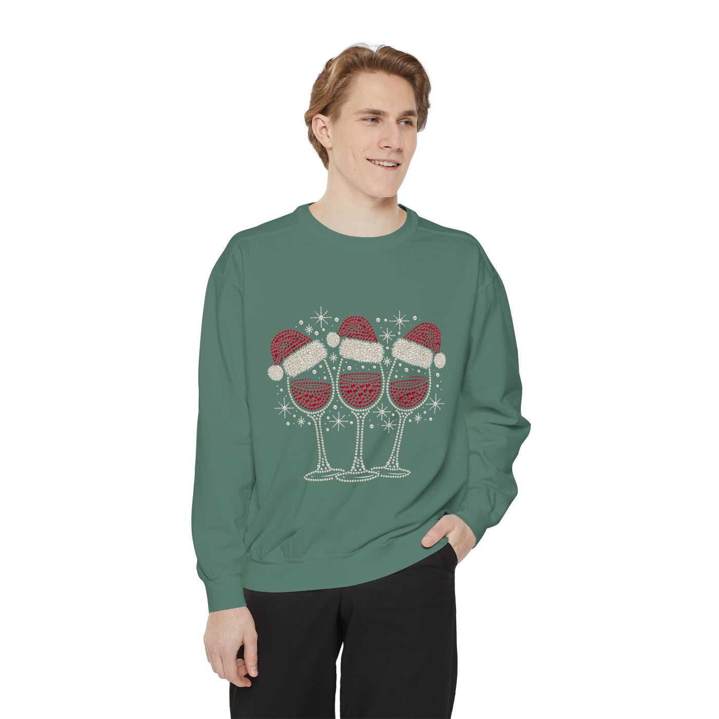Christmas Wine Glass Sweatshirt, Rhinestone Style Santa Hat Crewneck, Sparkly Holiday Party Pullover, Wine Lover Gift for Girls Night