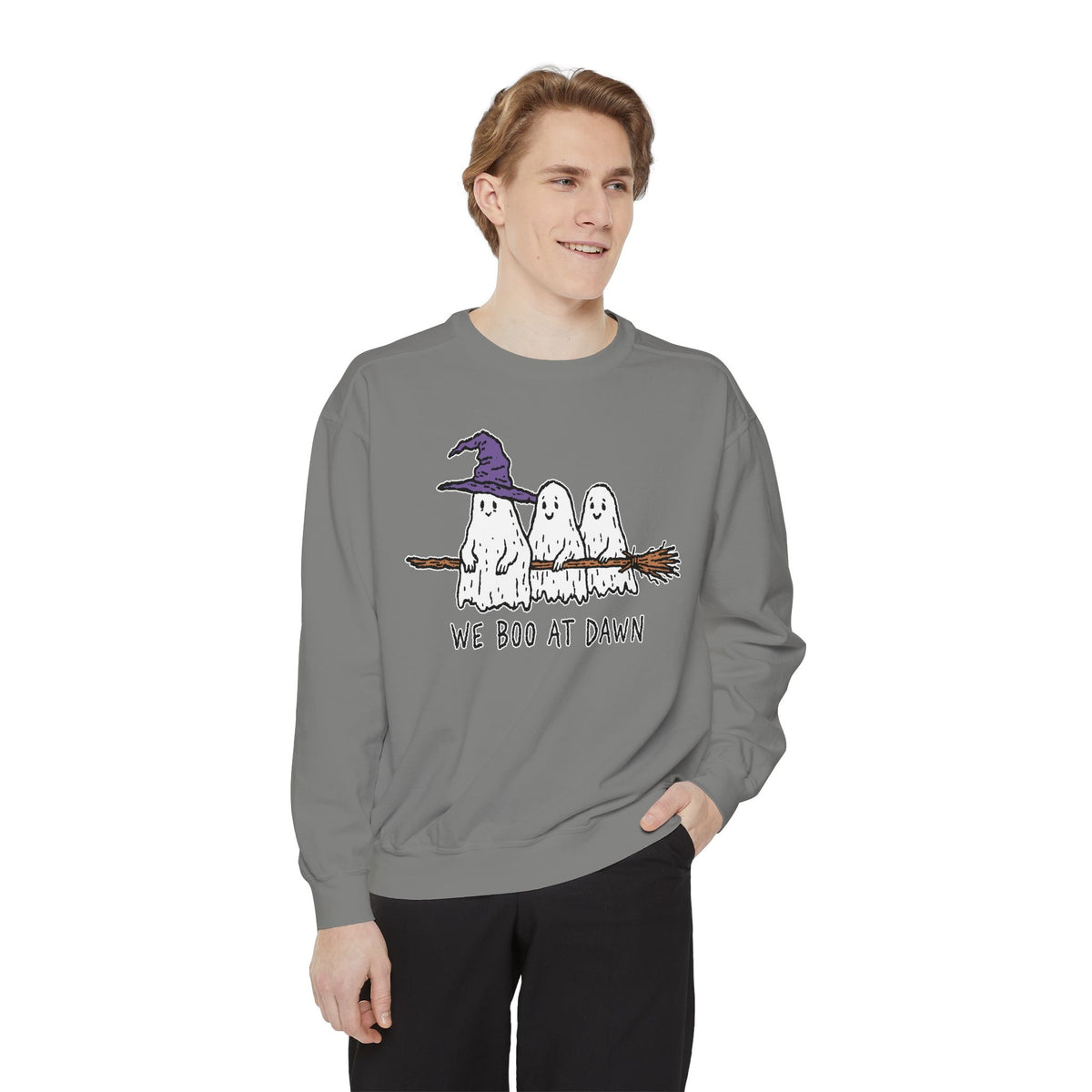 We Boo at Dawn Ghost Sweatshirt, Funny Halloween Witch Broom Pullover, Cute Spooky Season Gift for Friends and Ghost Lovers, October Outfit