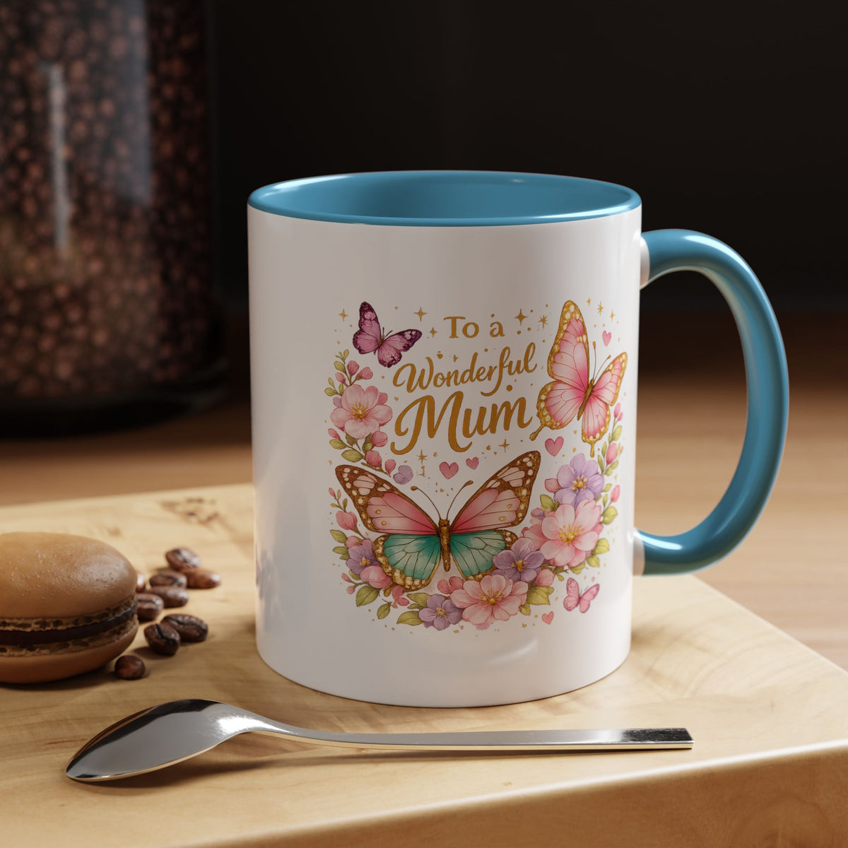 To a Wonderful Mum Coffee Mug, Cute Butterfly Birthday Gift for Mother, Floral Pastel Watercolor Ceramic Tea Cup with Pink Handle, Mum Gift