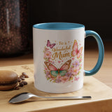 To a Wonderful Mum Coffee Mug, Cute Butterfly Birthday Gift for Mother, Floral Pastel Watercolor Ceramic Tea Cup with Pink Handle, Mum Gift