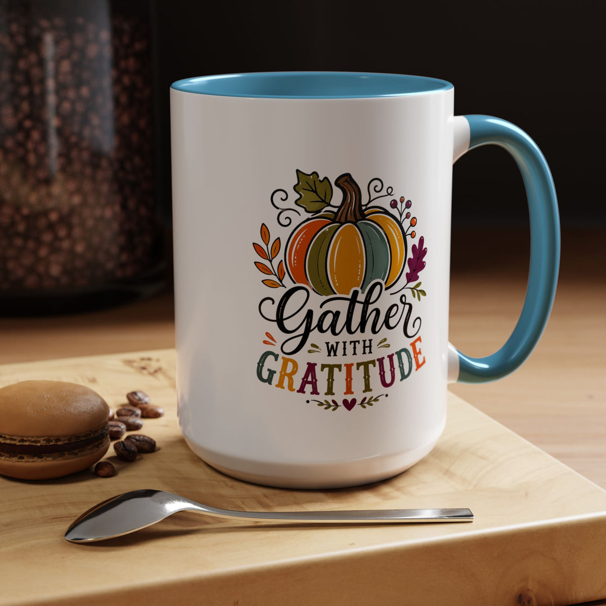Gather With Gratitude Mug, Colorful Pumpkin Thanksgiving Coffee Cup, Cozy Fall Hostess Gift, Autumn Kitchen and Harvest Decor
