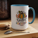 Gather With Gratitude Mug, Colorful Pumpkin Thanksgiving Coffee Cup, Cozy Fall Hostess Gift, Autumn Kitchen and Harvest Decor
