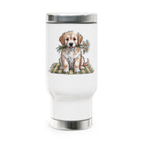 Golden Puppy Travel Mug with Handle, Cute Dog and Flower Coffee Cup, Gift for Dog Moms, Pet Lovers and Animal Lovers, Cute Dog Art
