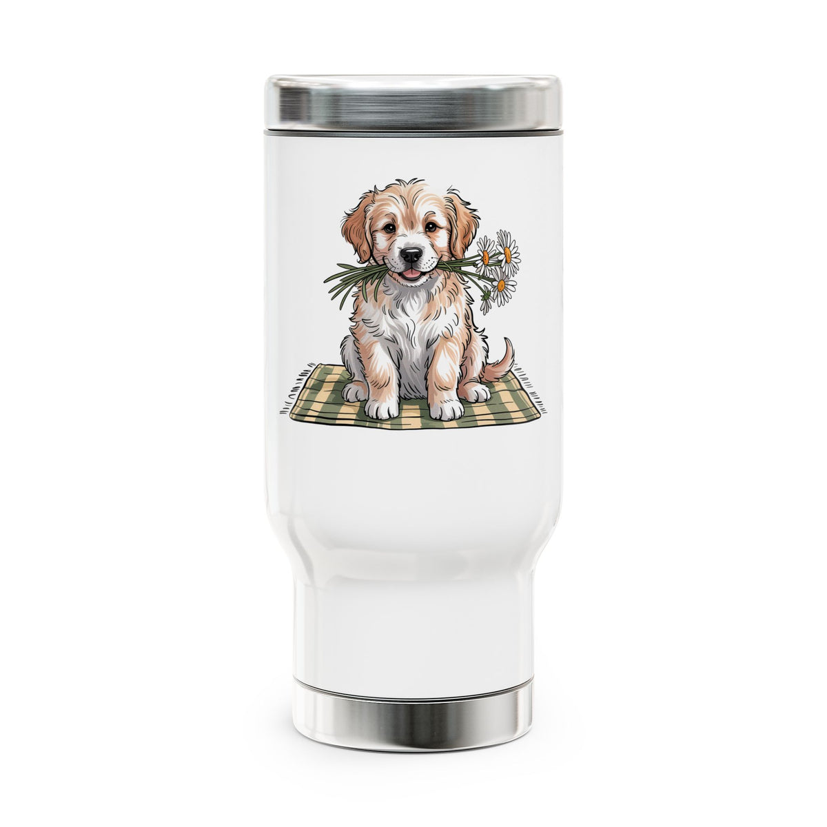 Golden Puppy Travel Mug with Handle, Cute Dog and Flower Coffee Cup, Gift for Dog Moms, Pet Lovers and Animal Lovers, Cute Dog Art