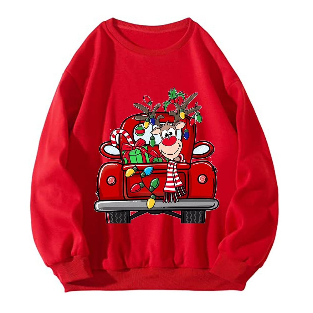Reindeer Red Truck Sweatshirt, Christmas Graphic Crewneck Pullover