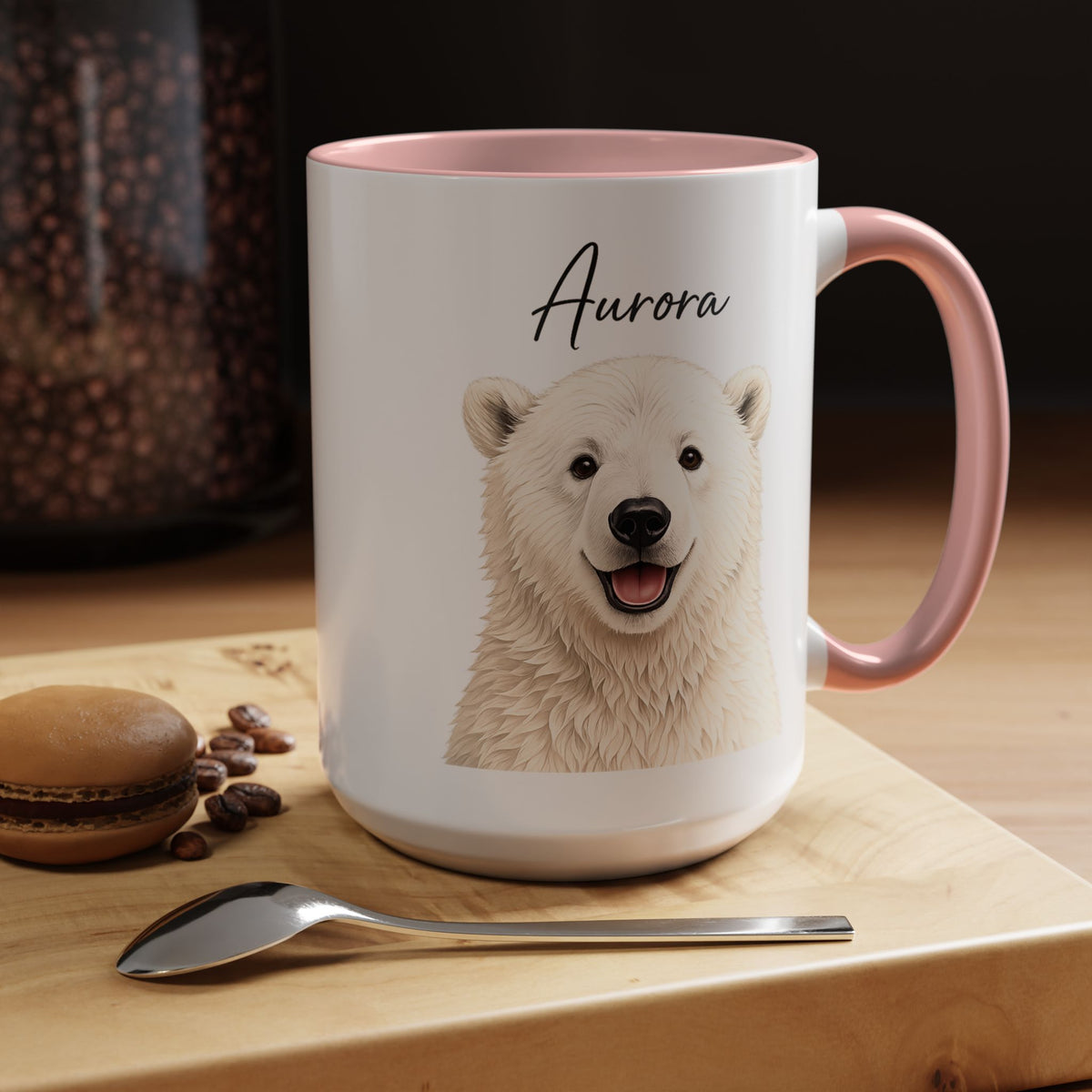 Custom Polar Bear Coffee Mug with Name, Personalized Arctic Animal Gift for Kids, Cute Winter Holiday Ceramic Tea Cup with Orange Handle