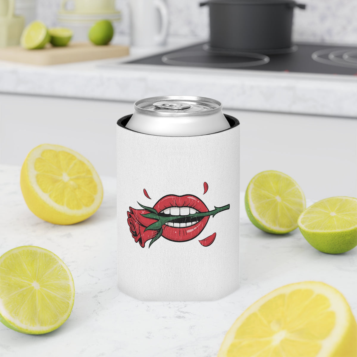 Rose and Lips Can Cooler, Romantic Drink Sleeve, Gothic Valentine Gift, Alternative Girlfriend Gift, Edgy Floral Love Accessory