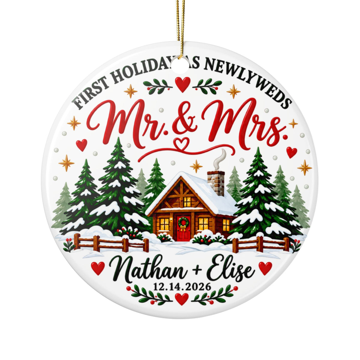 Personalized Newlywed Christmas Ornament, Mr and Mrs Cabin with Names and Wedding Date, First Holiday Keepsake Gift for Married Couples