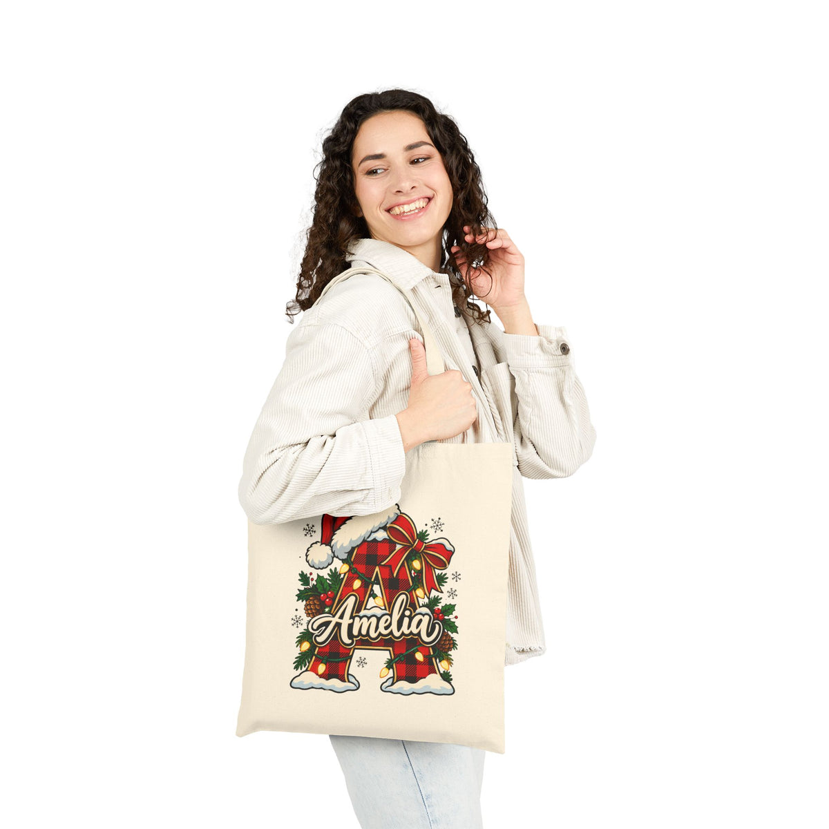 Personalized Christmas Tote Bag, Cotton Canvas 15x16, Buffalo Plaid Initial, Santa Hat, Custom Name Holiday Shopper