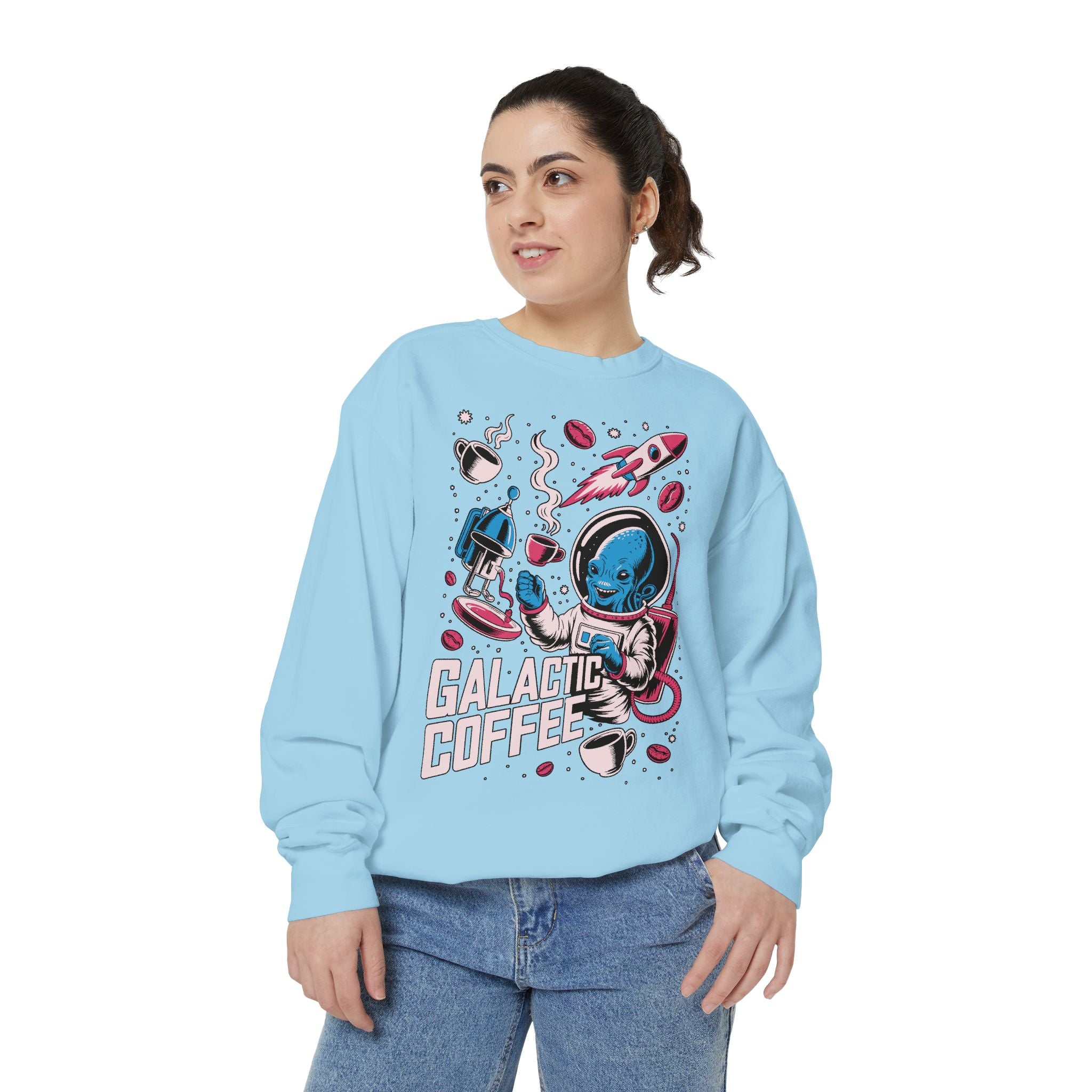 Galactic Coffee Comfort Colors Sweatshirt, Funny Alien Coffee Lover Shirt, Space Nerd Sweatshirt, Sci Fi Gift for Coffee Fans