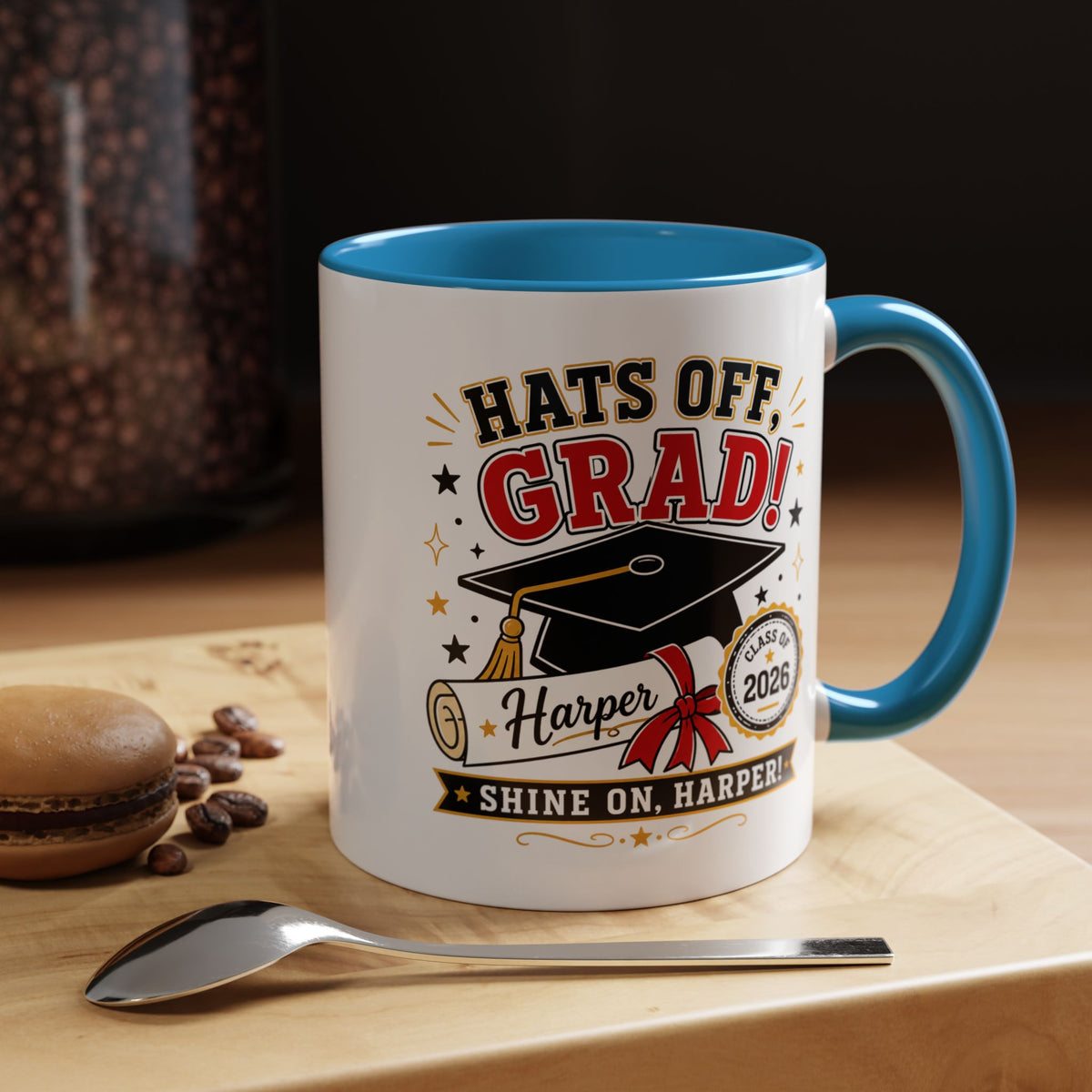 Personalized Graduation Mug, Hats Off Grad Class of 2026 Coffee Cup, Custom Name Gift for Daughter, Son, High School or College Senior