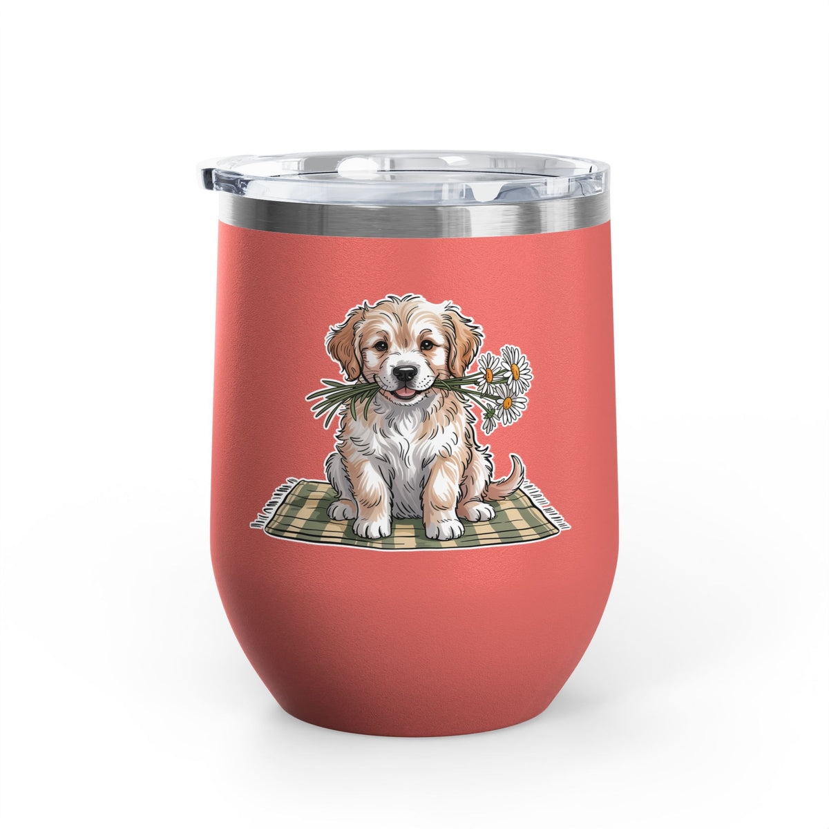 Golden Puppy Wine Tumbler, Cute Dog and Flower Cup, Gift for Dog Moms, Puppy Lovers, Pet Parents and Animal Lovers