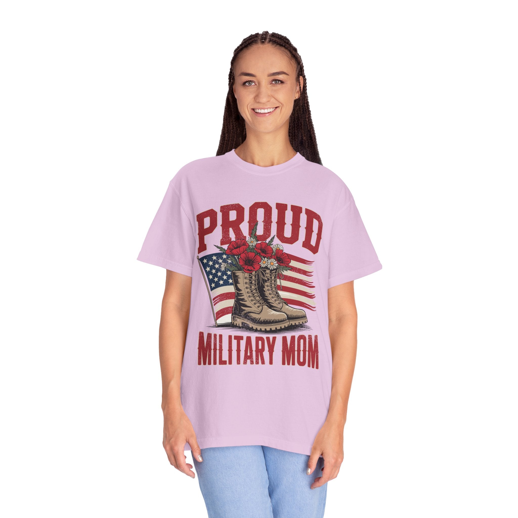 Proud Military Mom Shirt, Patriotic Army Mom T Shirt, Boots and Flowers Graphic Tee, American Flag Family Support Gift