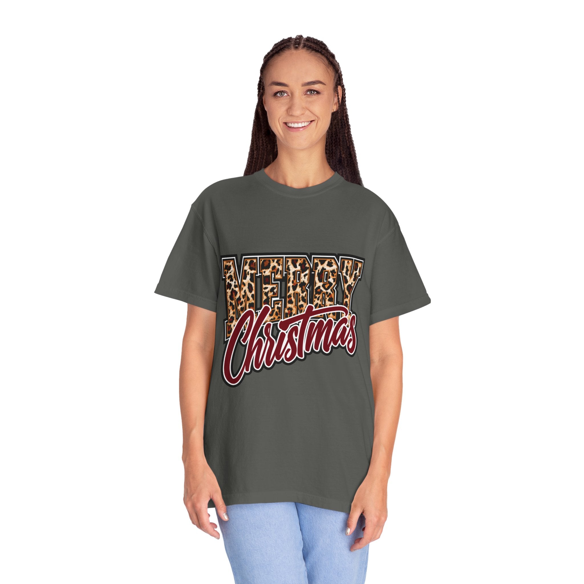 Merry Christmas Leopard Print Shirt, Trendy Holiday T-Shirt, Cheetah Lettering Xmas Tee, Festive Gift for Women, Mom, Teacher or Friend