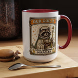 Our God Is Still Working Miracles Coffee Mug, Funny Raccoon Christian Gift for Friends, Cute Religious Parody Trash Panda Ceramic Tea Cup with Black Handle