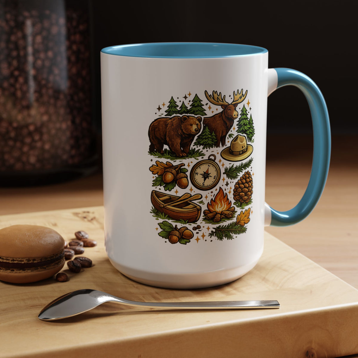 Camping Mug, Woodland Wildlife Coffee Cup, Bear and Moose Outdoor Gift, Rustic Cabin Kitchen Decor, Birthday Present for Camper or Hiker