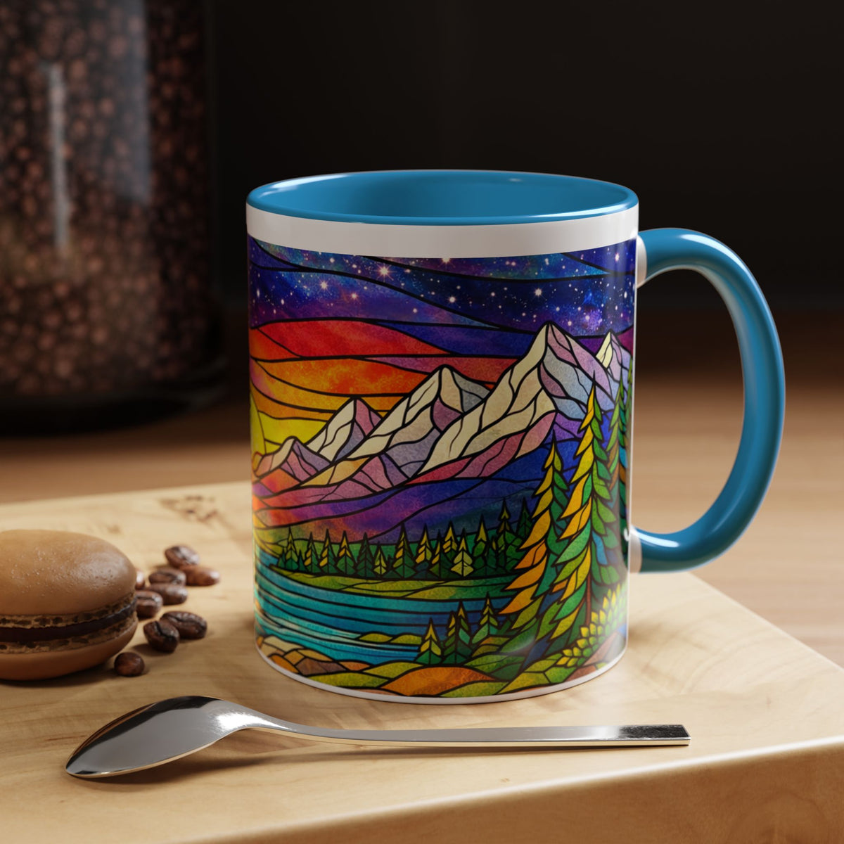 Colorful Sunset Landscape Mug, Stained Glass Nature Coffee Mug, Mountain Lake Art Mug, Outdoor Lover Gift, Scenic Ceramic Cup