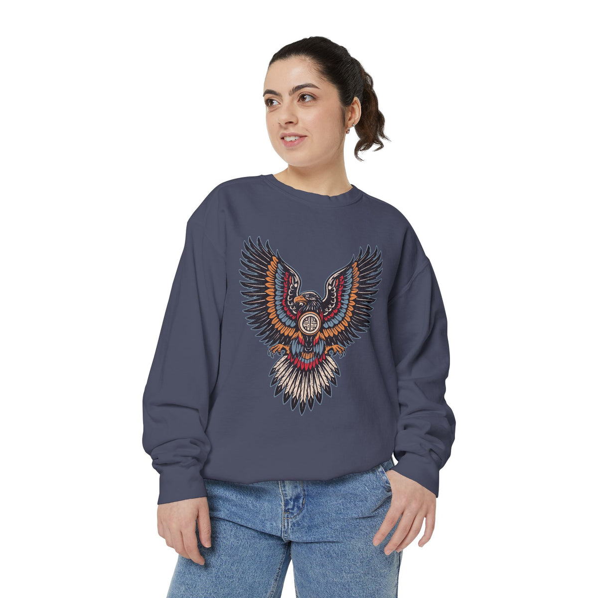 Ornamental Eagle Sweatshirt, Retro Tattoo Style Bird Graphic, Gift for Wildlife Art Lovers, Boho Festival Outfits and Everyday Casual Wear